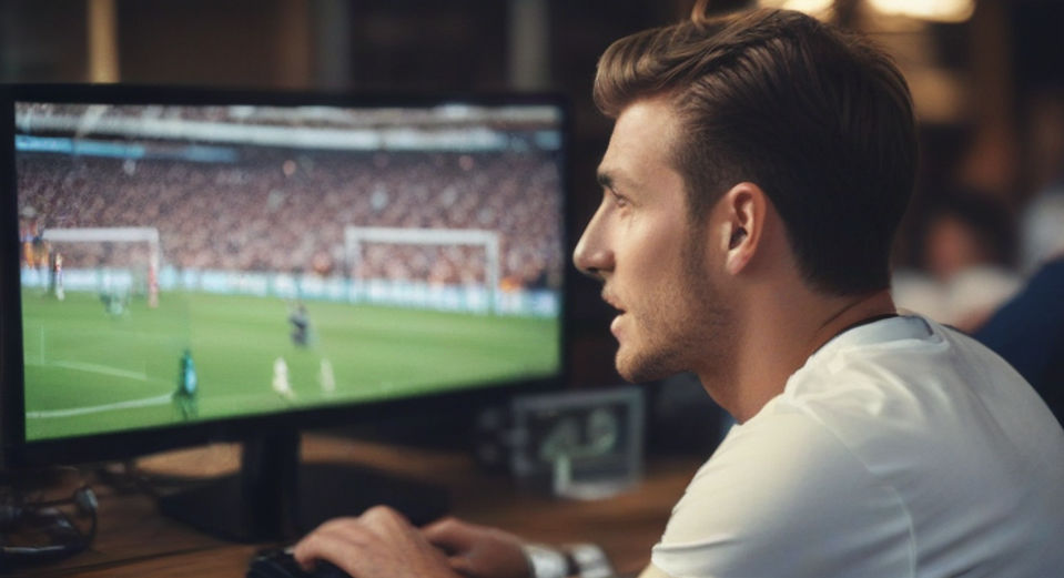 a man deeply engrossed in watching a live soccer game while simultaneously engaging in sports betting
