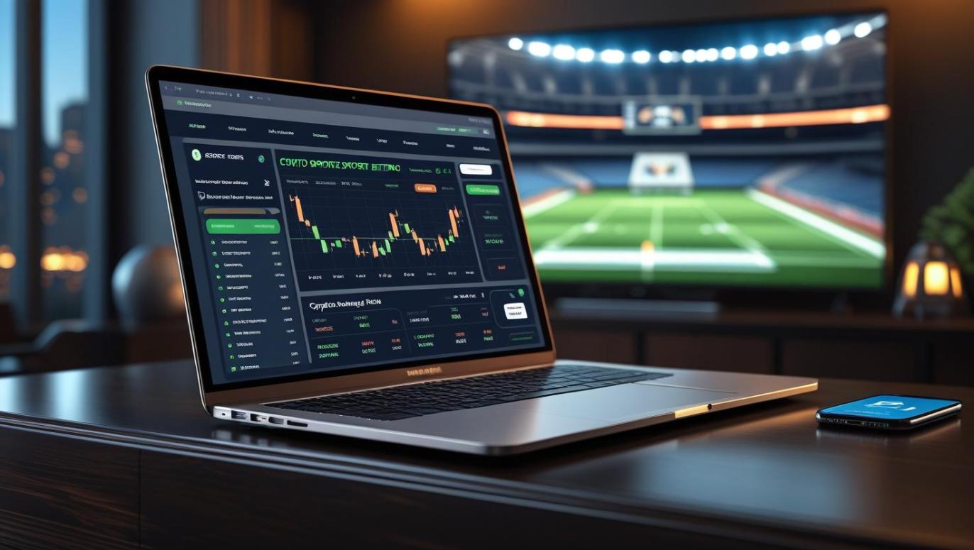 Laptop and phone showing crypto betting interface with blurred stadium screen background.