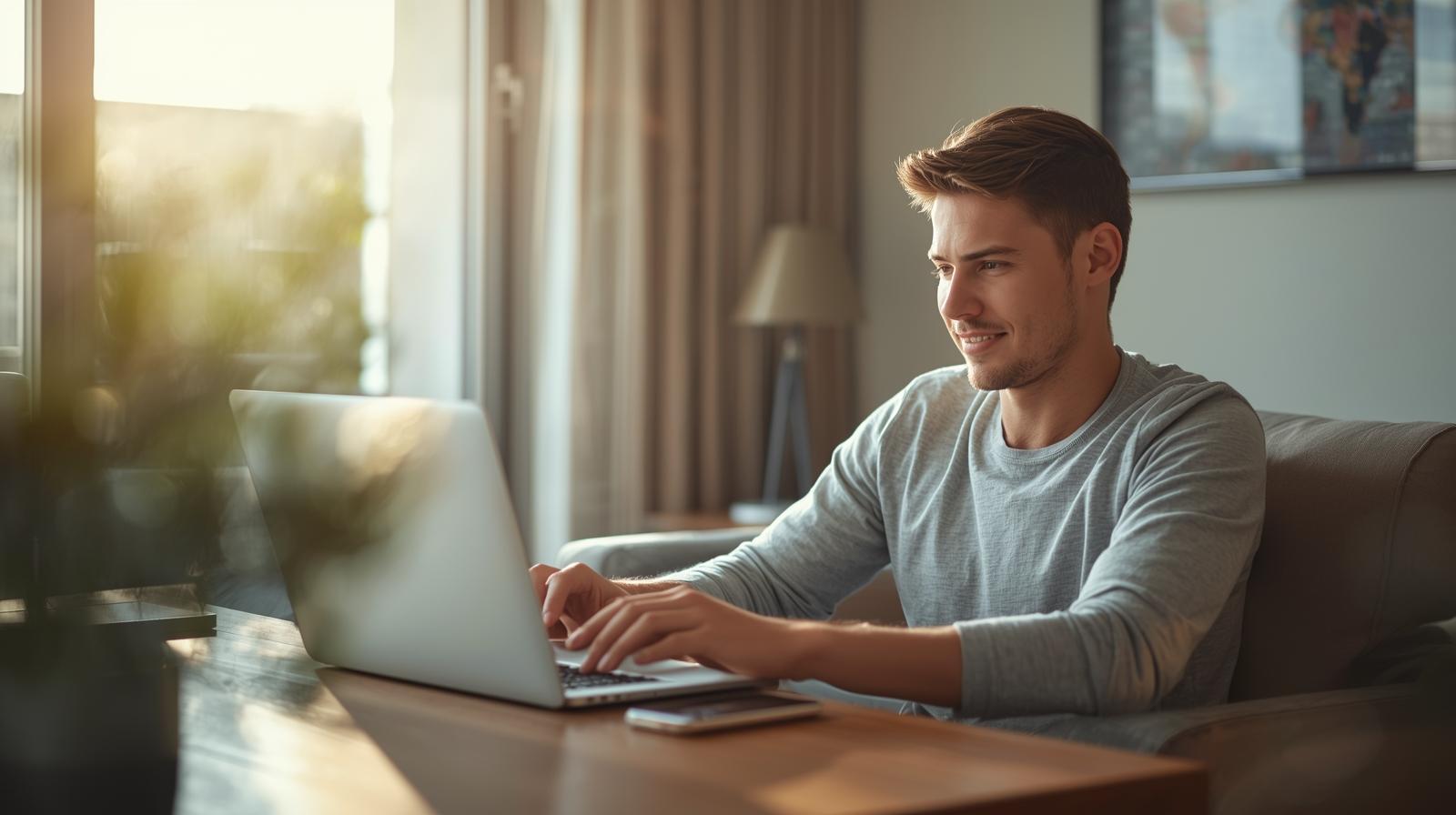 Calm adult enjoying responsible online sports betting at home in a bright setting.