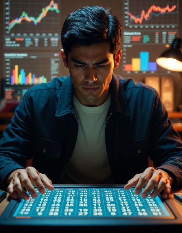 sports bettor analyzing odds beside lottery number charts