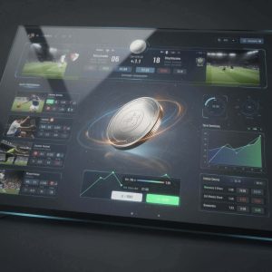 A sleek digital sports betting interface combined with a coin flip game, showing live match elements and glowing UI overlays, representing the fusion of traditional sports betting and instant gambling systems.